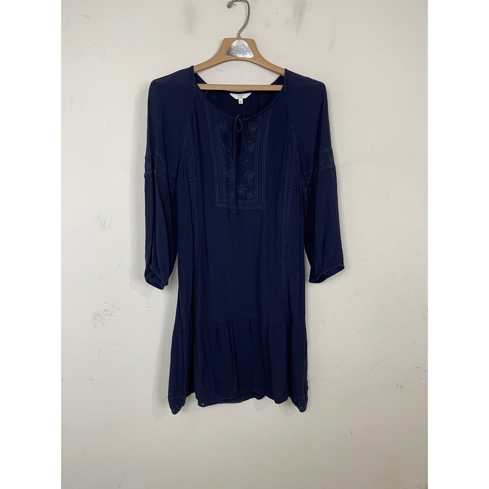 Crown & Ivy Navy Blue Embroidered Peasant Dress Lace Trim Tiered Hem Large